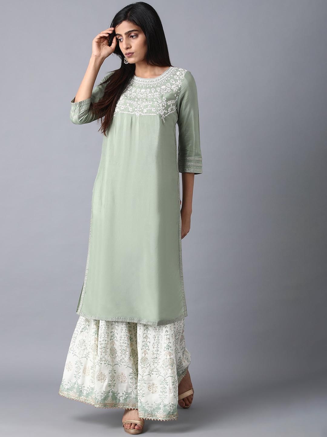 W Women Green Floral Yoke Design Thread Work Kurta