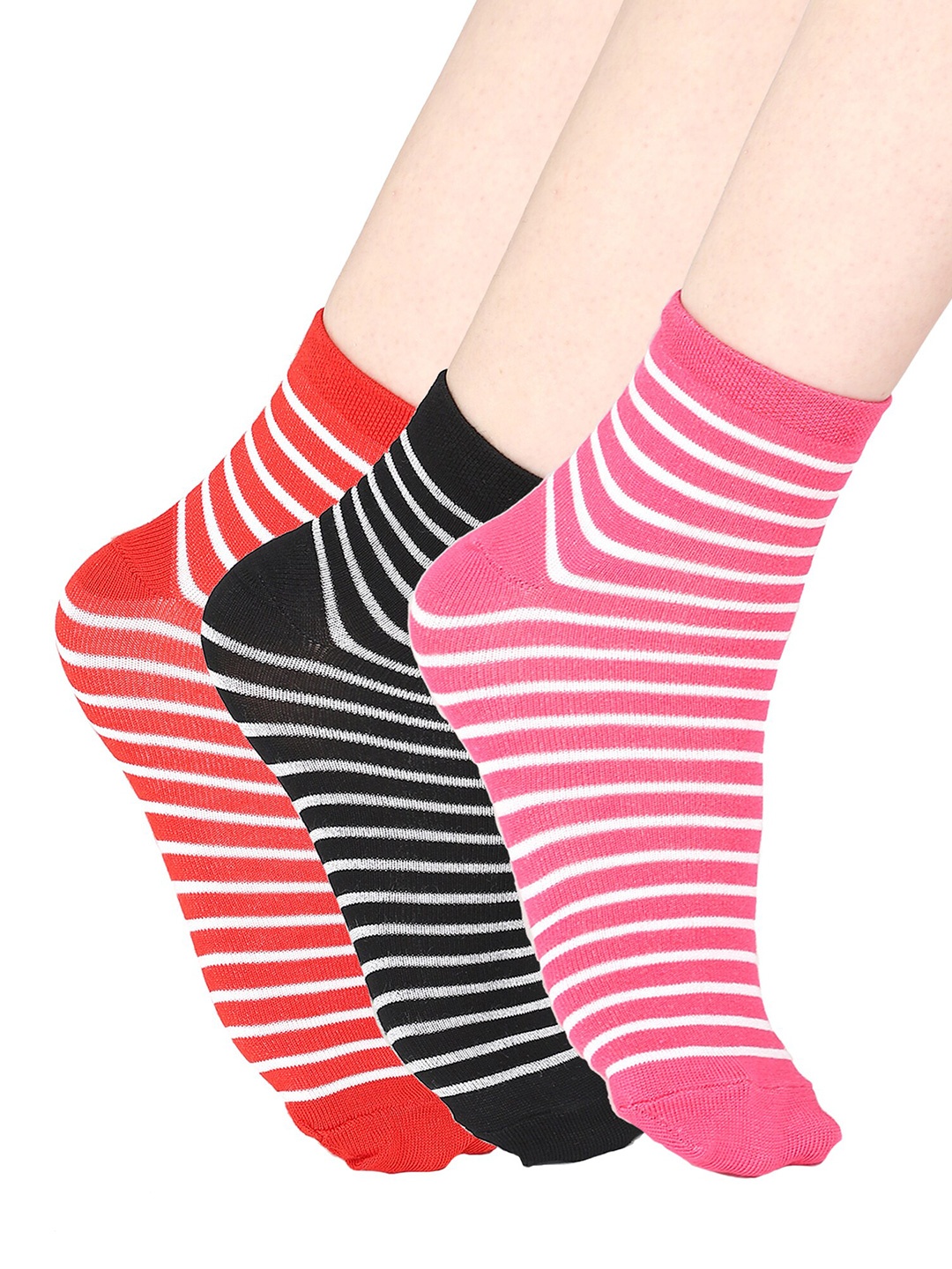 

Bodycare Women Pack of 3 Black & Red Striped Ankle-length Socks