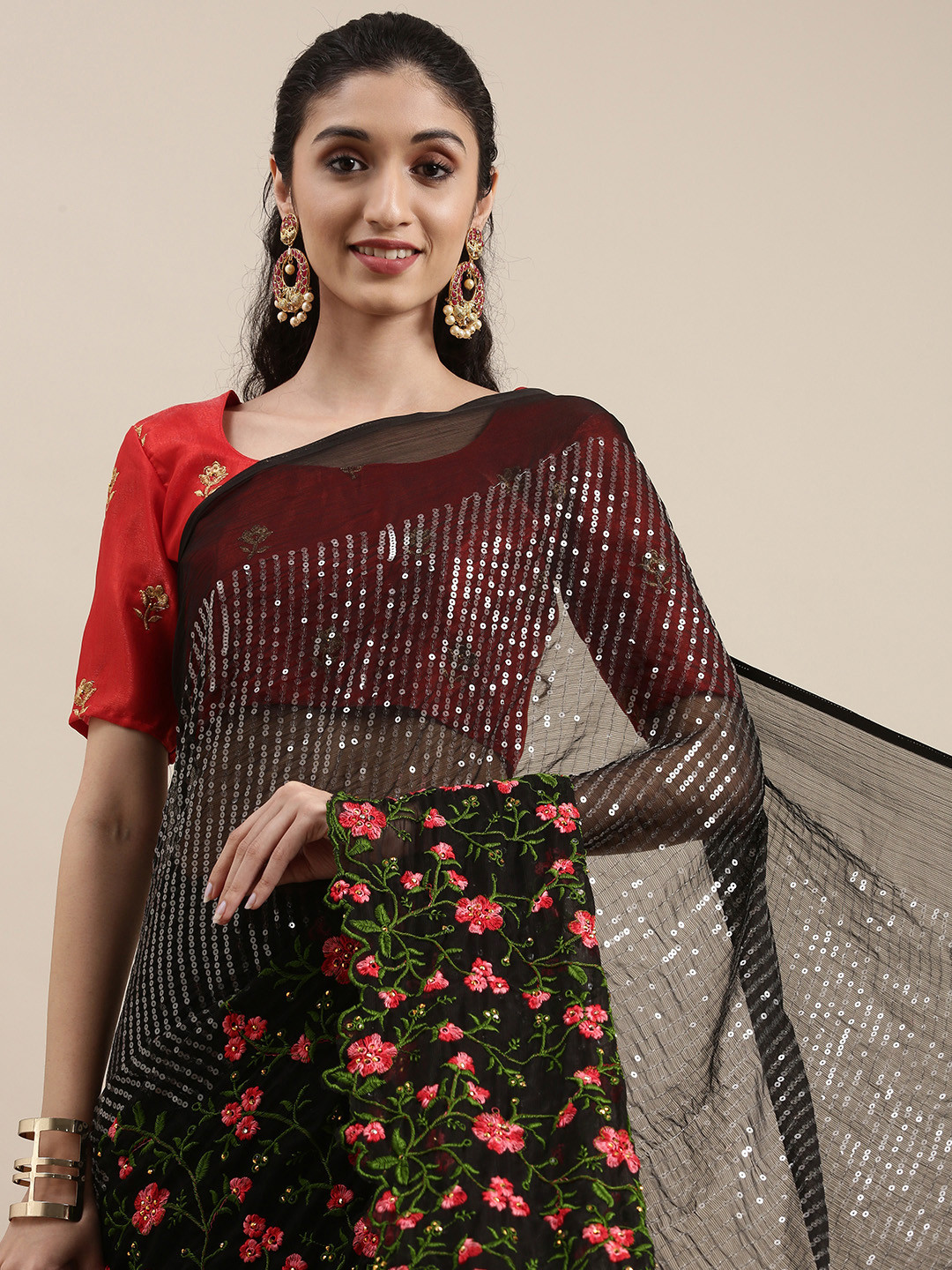 

Mitera Black Floral Embroidered Pure Chiffon Dyed Stone Work Saree