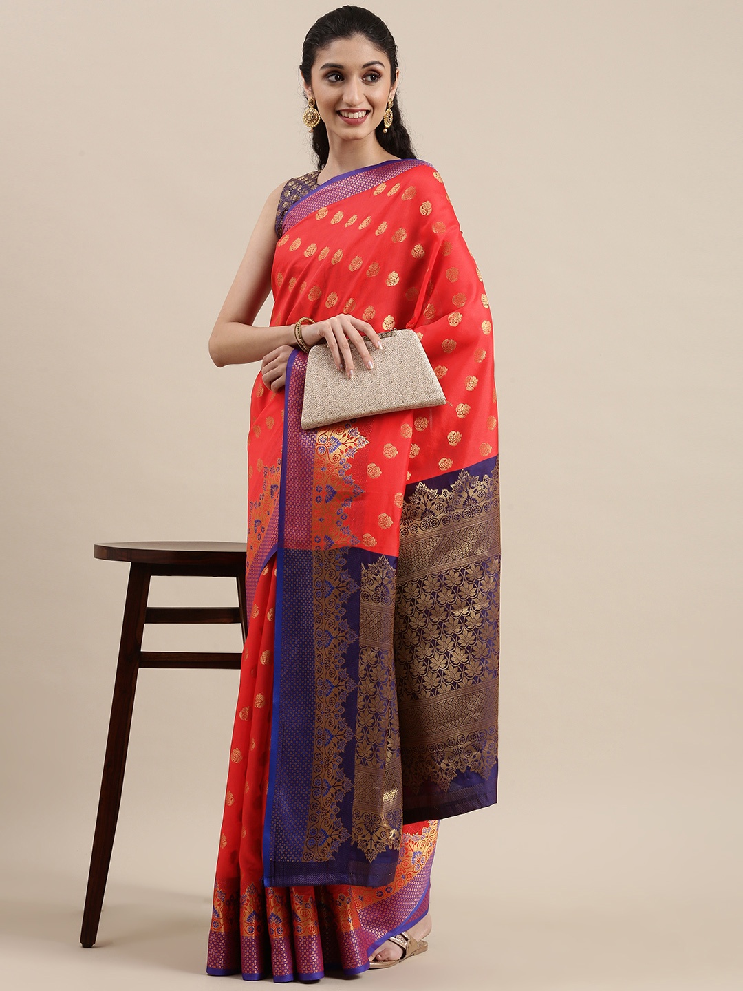 

Mitera Red & Blue Ethnic Motifs Woven Design Poly Silk Jacquard Banarasi Saree