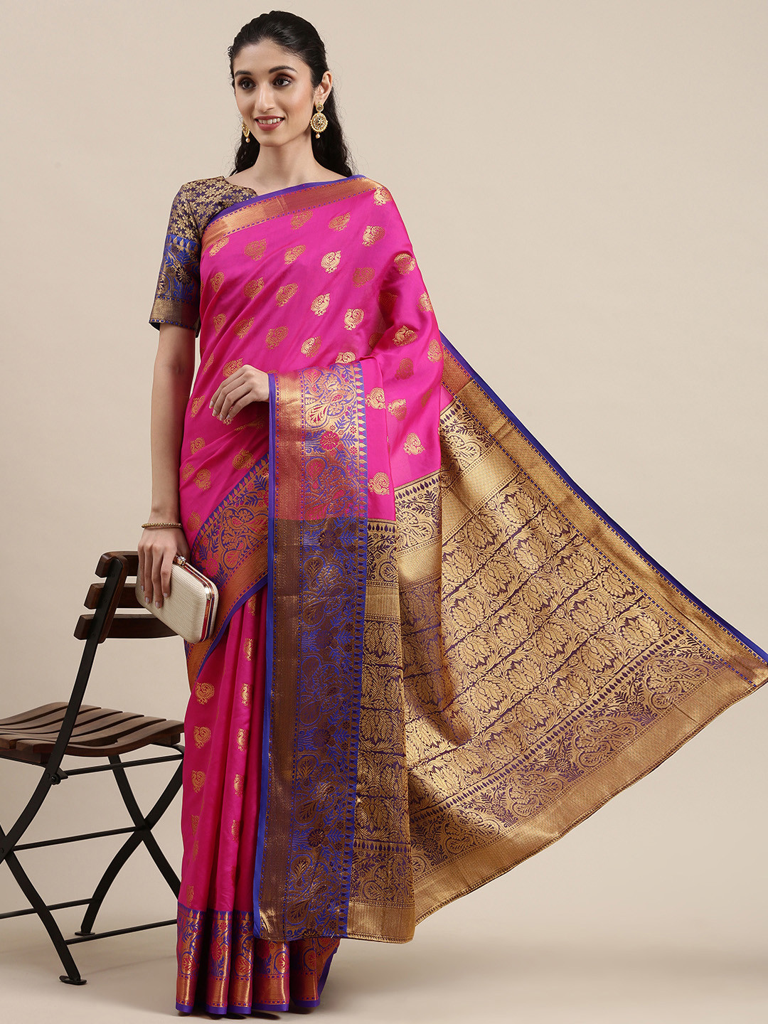 

Mitera Magenta & Blue Ethnic Motifs Woven Design PolySilk Banarasi Jacquard Saree