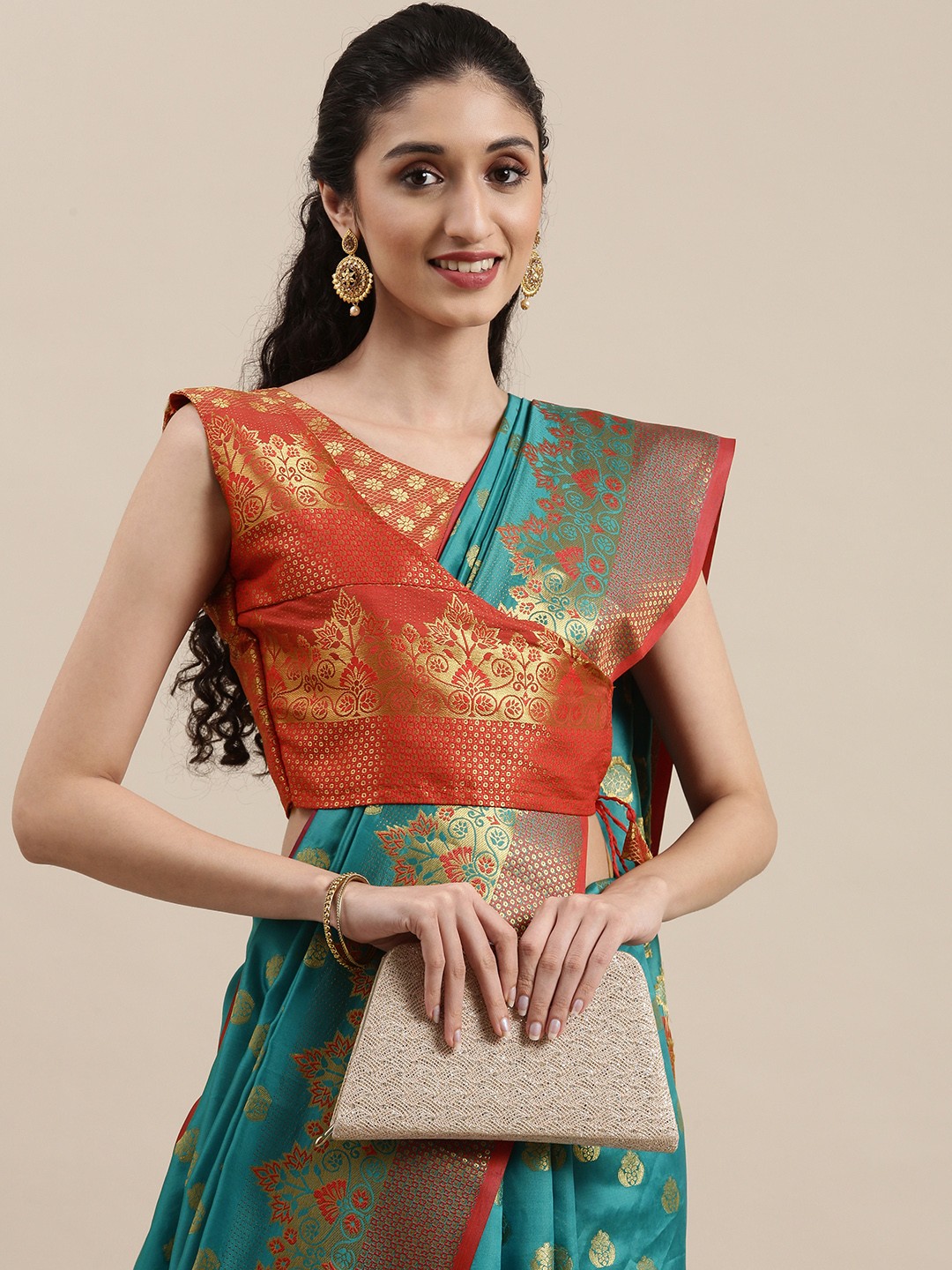 

Mitera Blue & Red Ethnic Motifs Woven Design PolySilk Banarasi Jacquard Saree