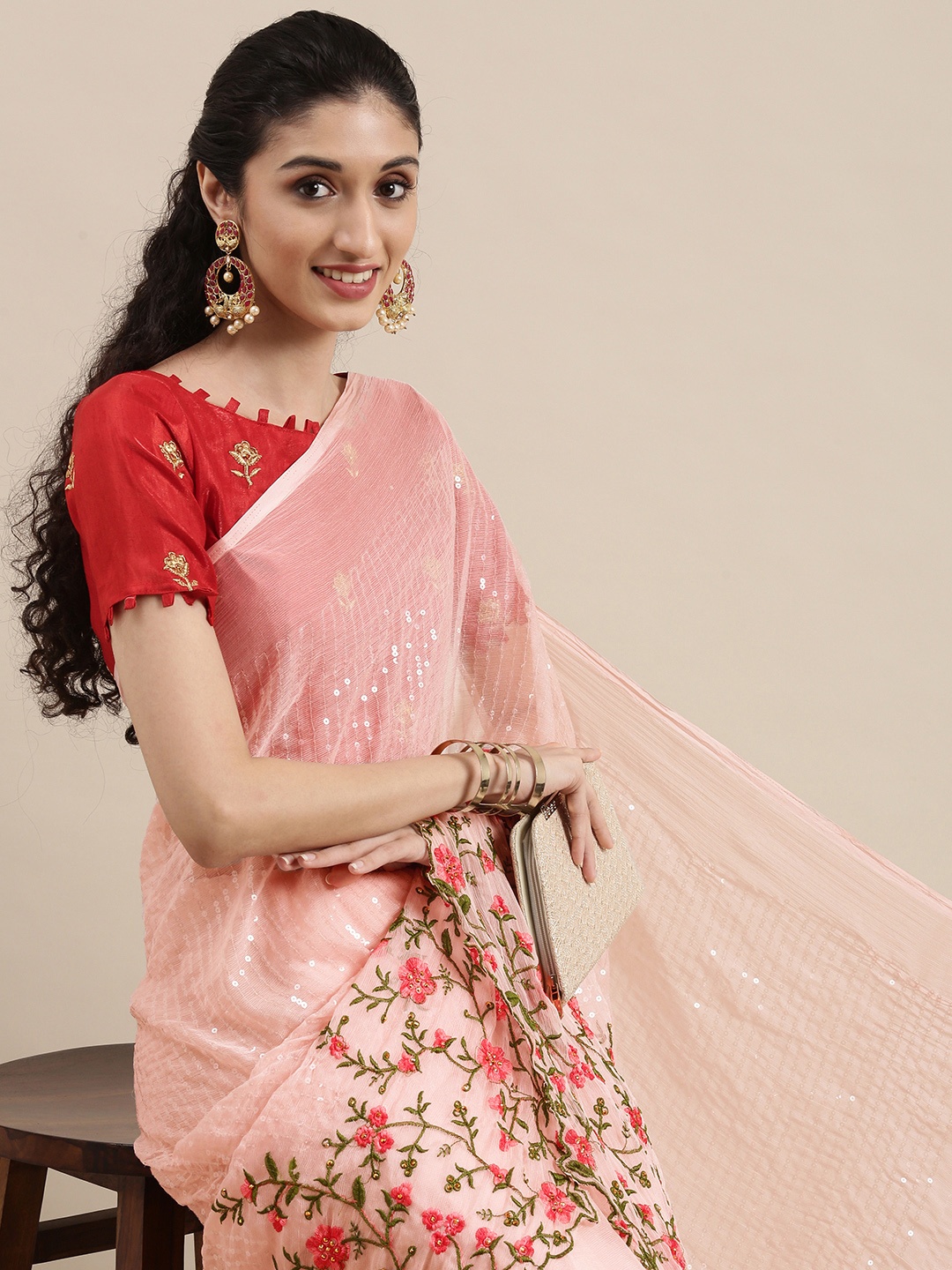 

Mitera Pink Floral Embroidered Pure Chiffon Dyed Stone Work Saree