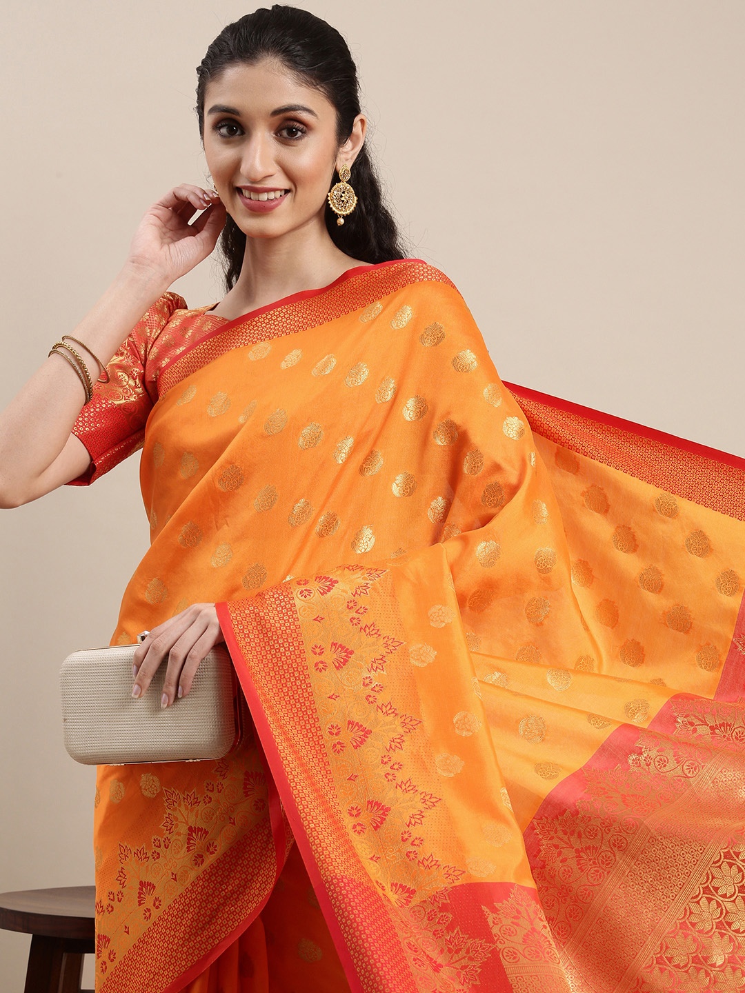 

Mitera Orange & Red Ethnic Motifs Poly Silk Jacquard Banarasi Saree