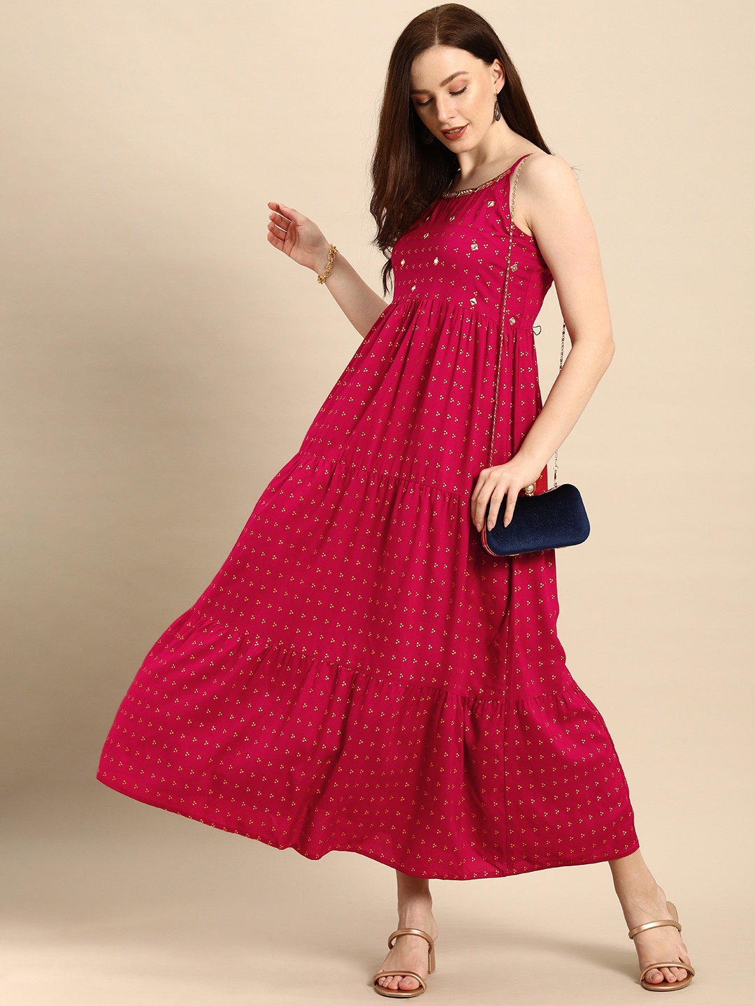 

all about you Fuchsia Pink Ethnic Motifs Printed Tiered Maxi Dress