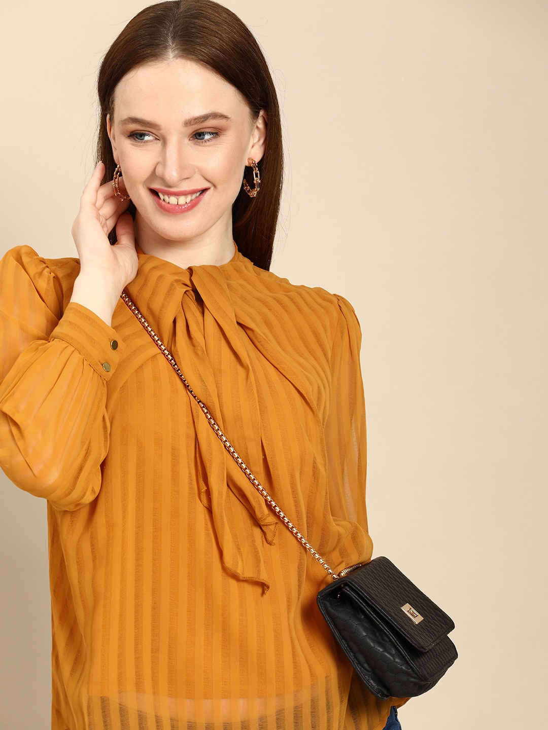 

all about you Mustard Yellow Self Design Tie-Up Neck Blouson Top
