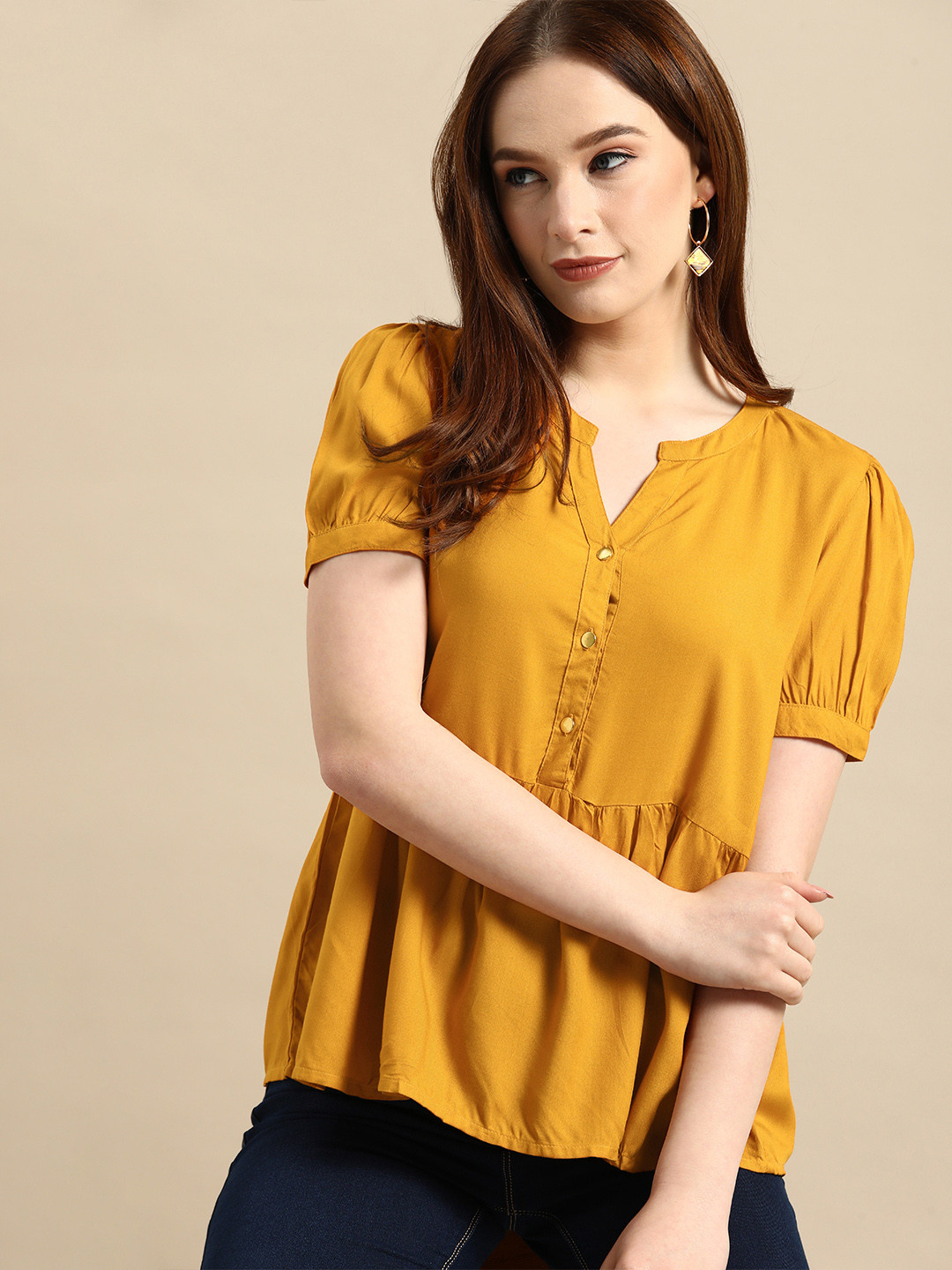 

all about you Women Mustard Yellow Solid Cinched Waist Top