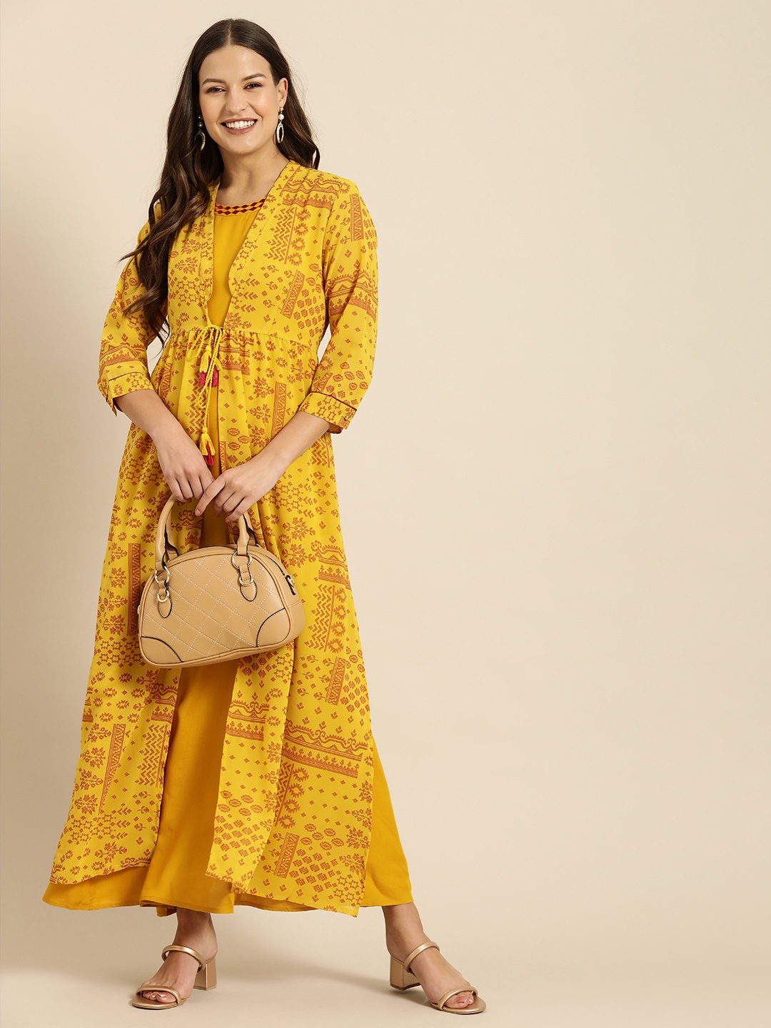 

all about you Women Mustard Yellow & Pink Printed Kurta