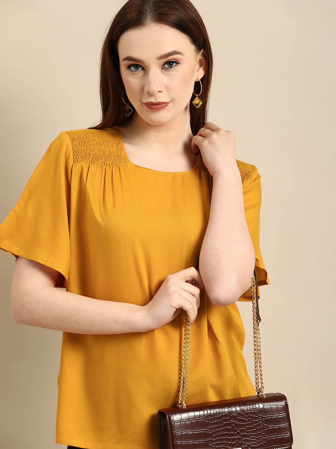 

all about you Women Mustard Yellow Solid Pure Cotton Regular Top