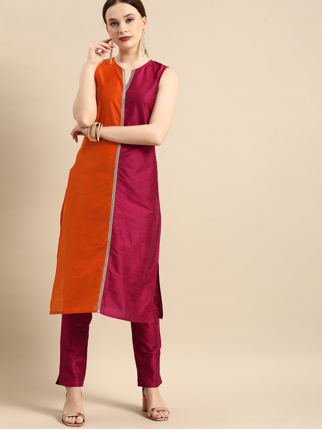

all about you Women Orange Colourblocked Sleevless Kurta with Trousers