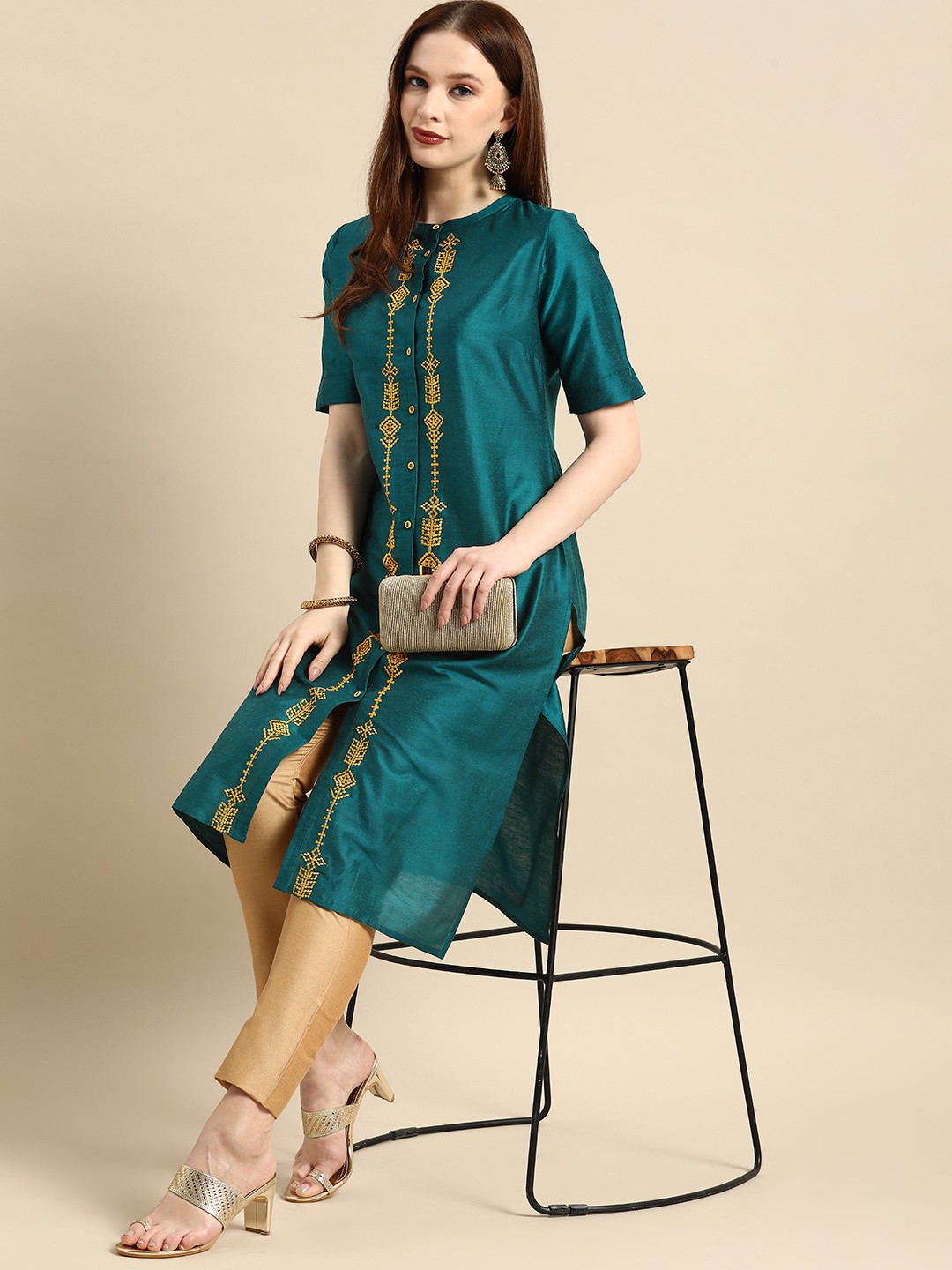 

all about you Women Teal Green Ethnic Motifs Embroidered Thread Work Straight Kurta