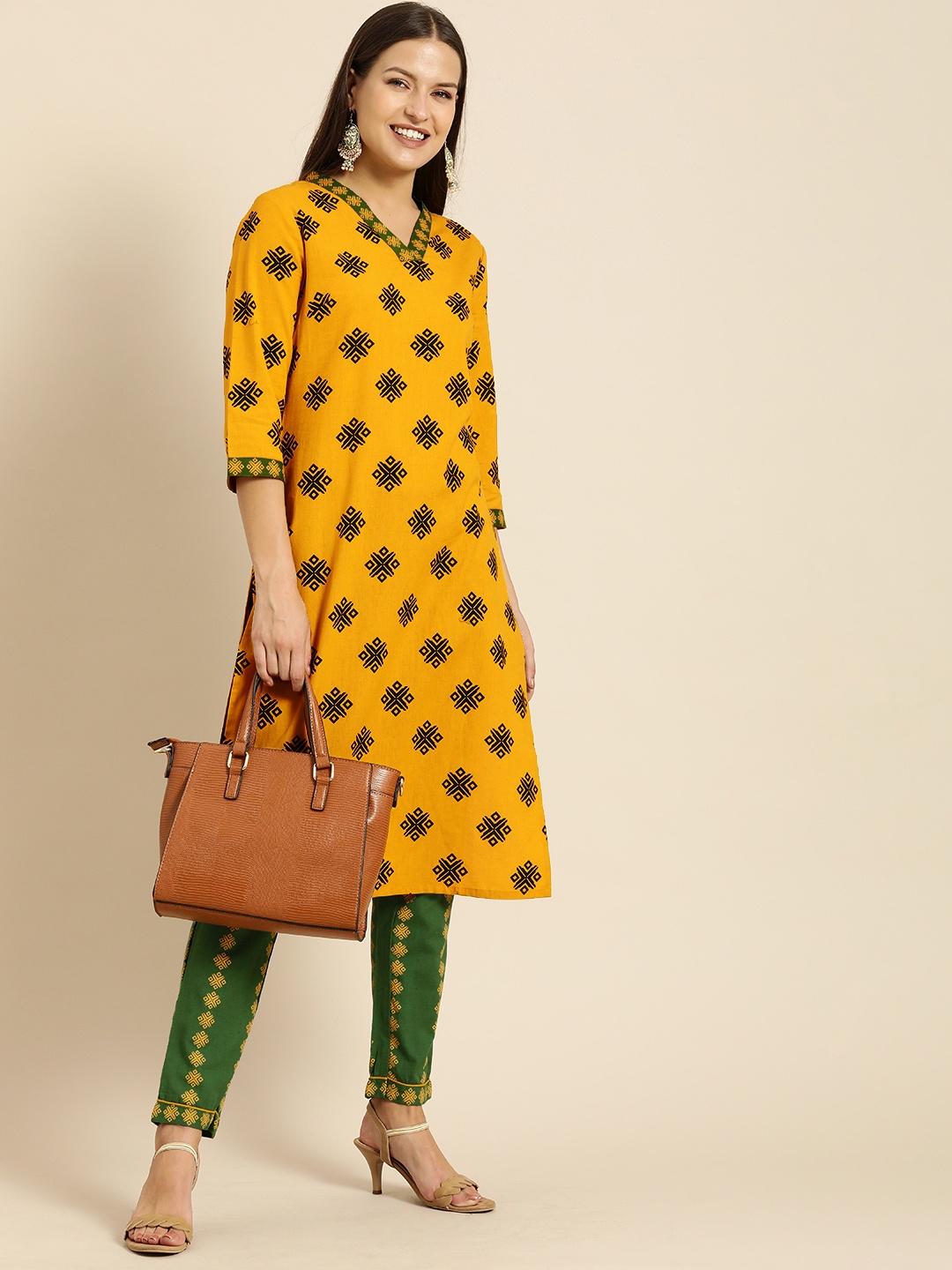 

all about you Women Mustard Yellow Ethnic Motifs Printed Kurta with Green Printed Trousers