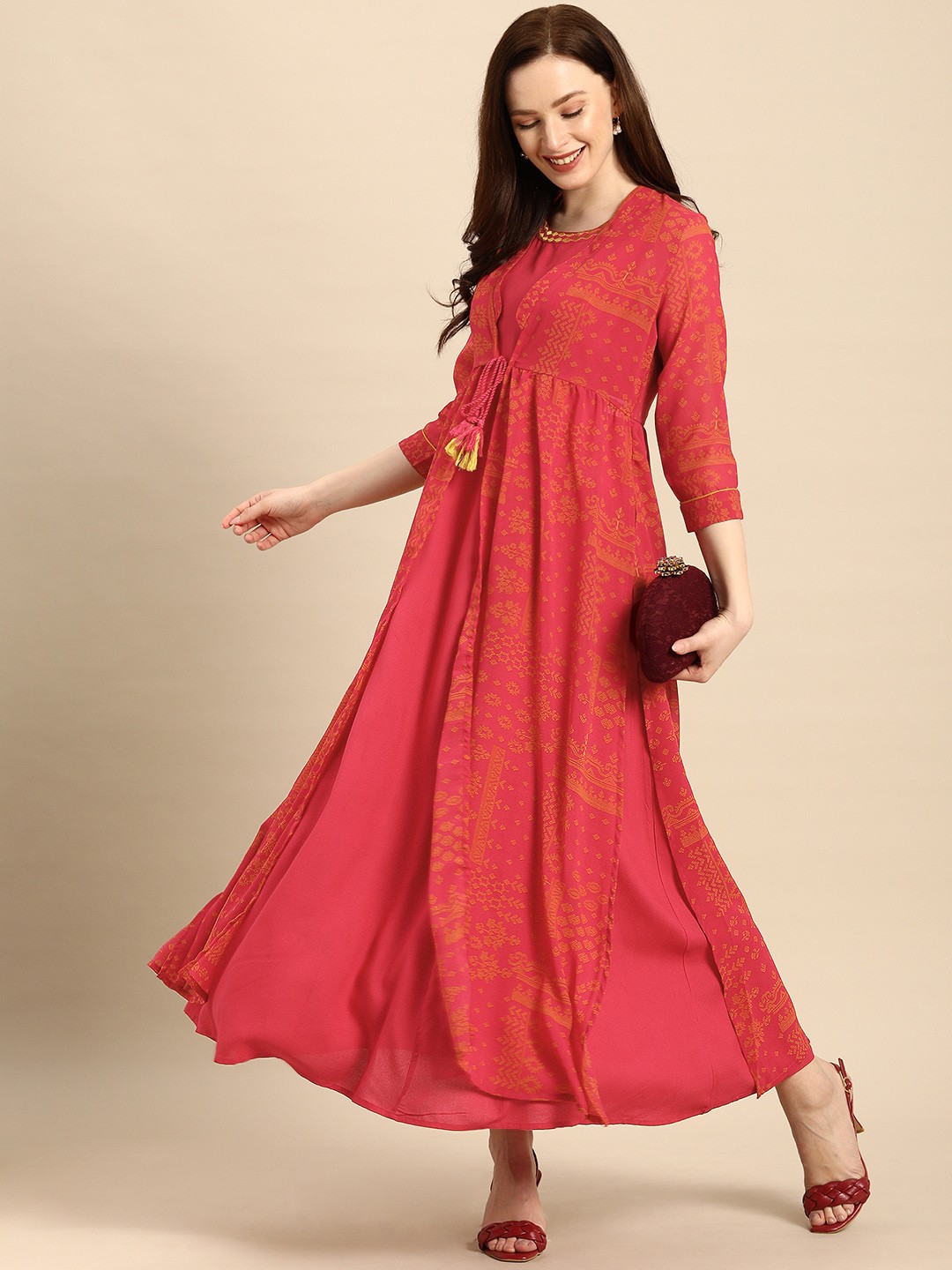 

all about you Coral Red Maxi Dress with Ankle Length Jacket