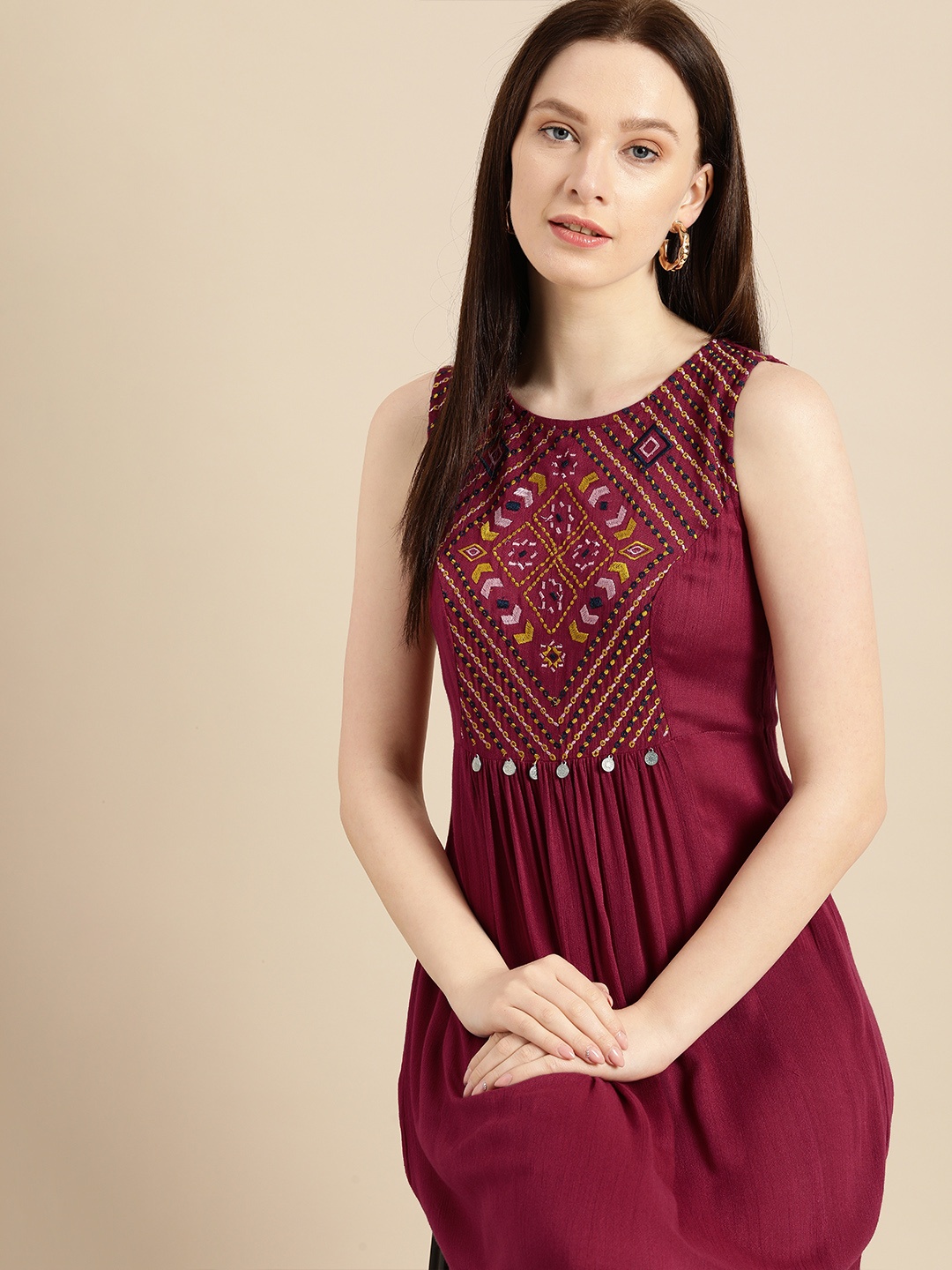 

all about you Women Red & Yellow Embroidered Ethnic Motifs A-Line Maxi Dress