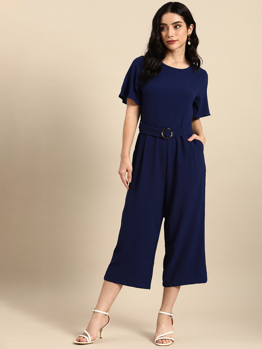 

all about you Blue Solid Basic Jumpsuit with Waist Tie-Ups