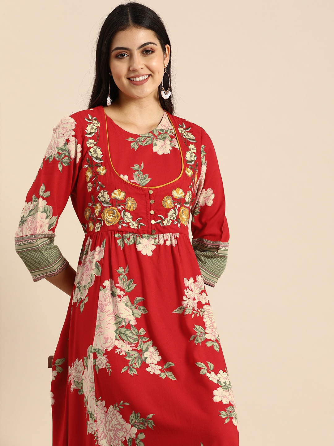 

all about you Women Red & Multicoloured Floral Print Fit And Flare Maxi Dress