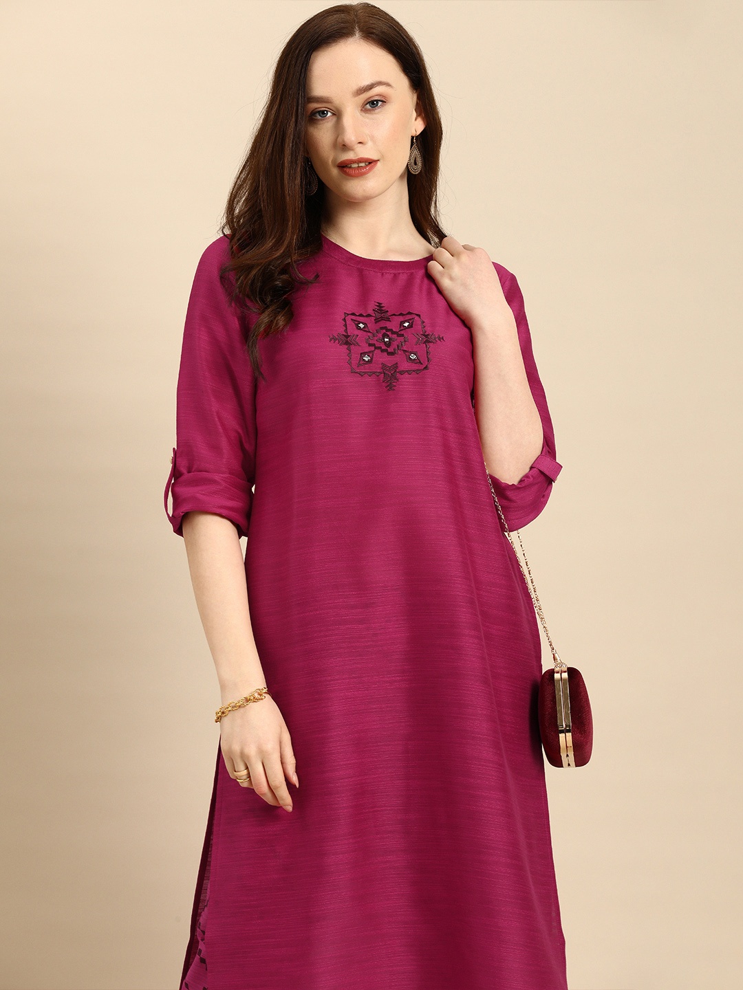

all about you Women Pink & Coffee Brown Embroidered Kurta with Trousers