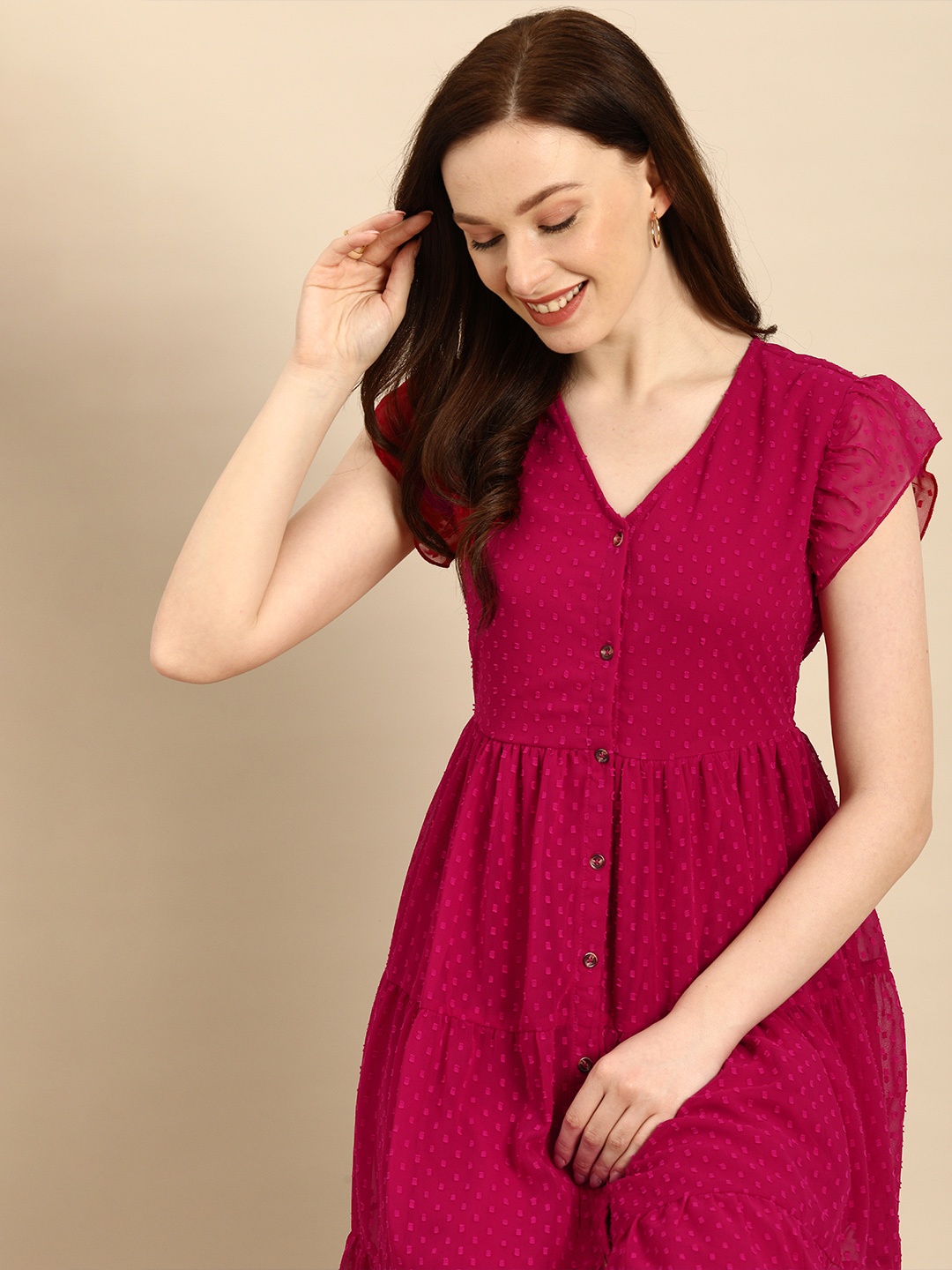 

all about you Fuchsia Pink Self Design V-Neck Tiered Dress