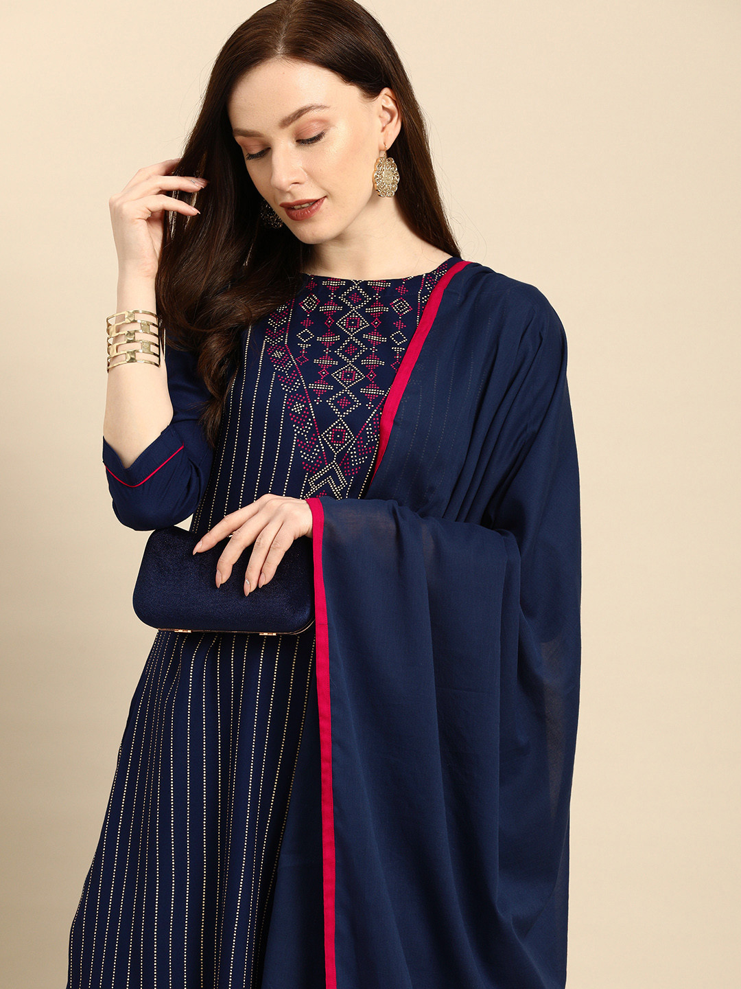 

all about you Women Navy Blue Striped Kurta with Palazzos & With Dupatta