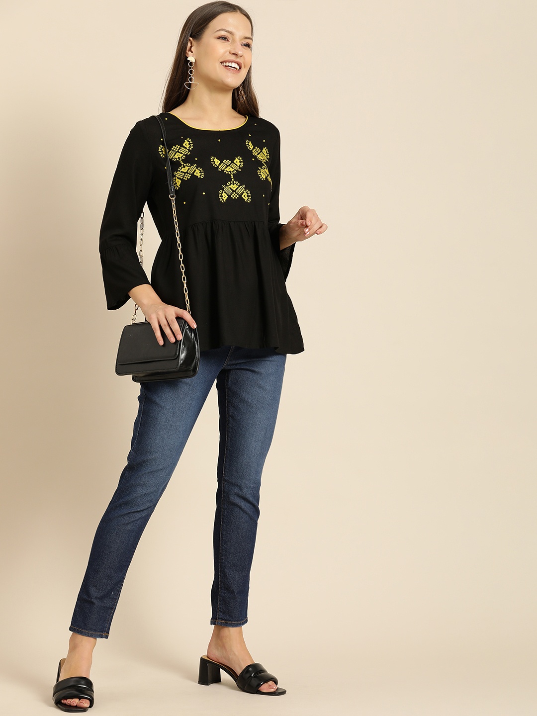 

all about you Black Geometric Thread Work Detail A-Line Kurti
