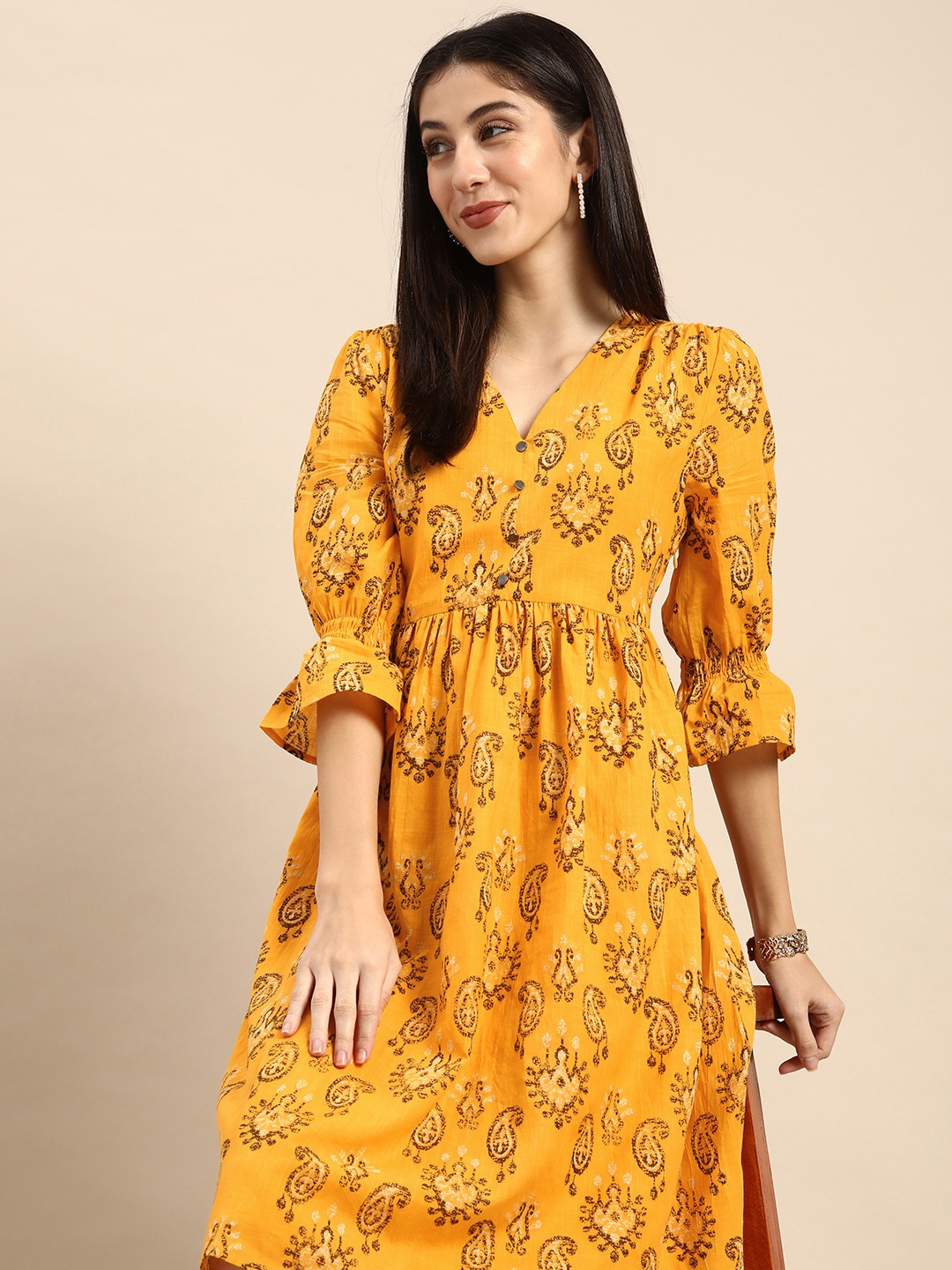 

all about you Yellow Ethnic Motif Print A-line Dress