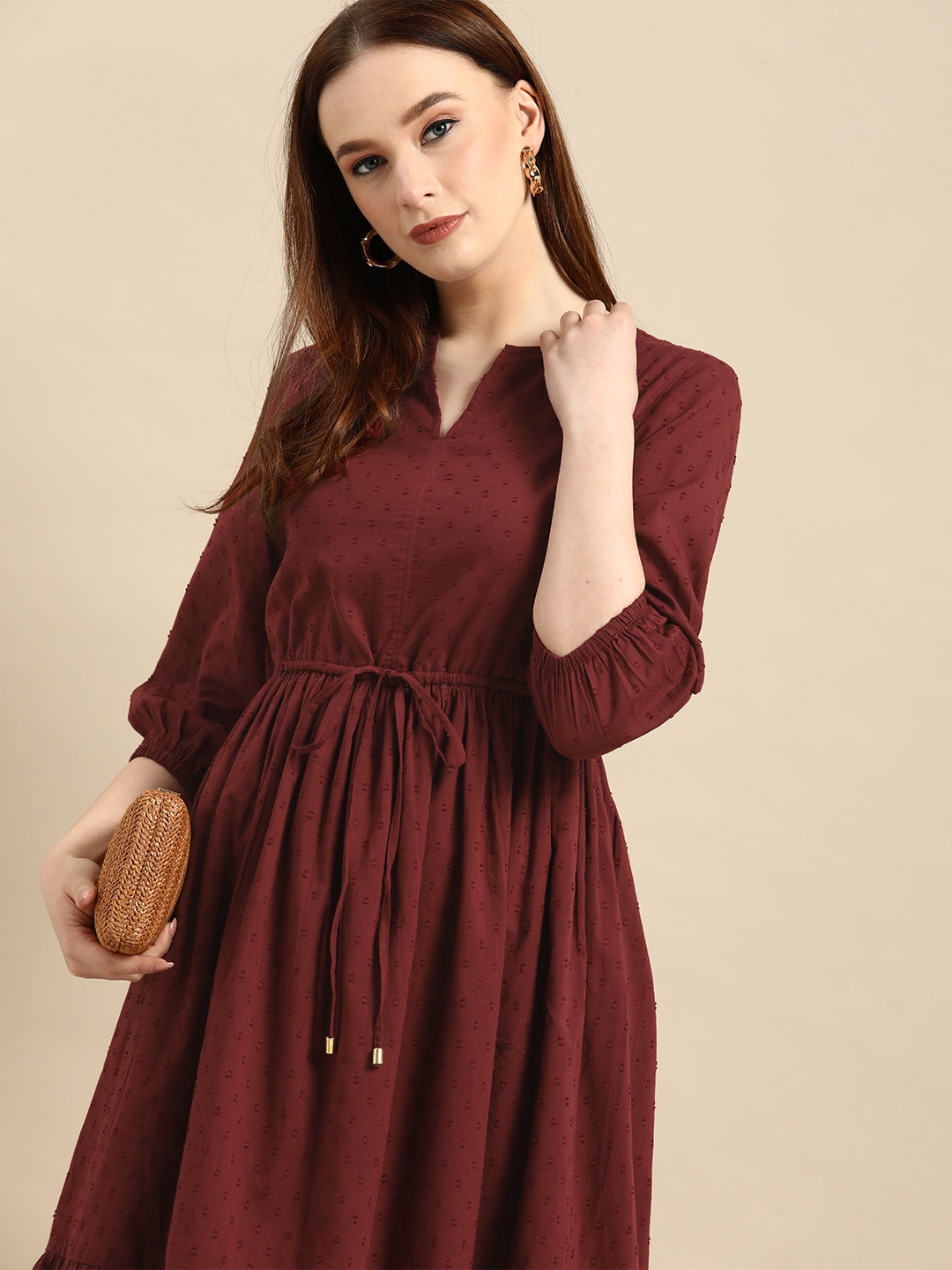 

all about you Maroon Schifili V neck Gathered Pure Cotton Midi Dress