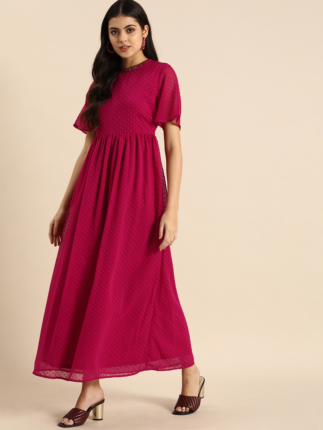 

all about you Women Pink Solid Dobby Detailed Fit And Flare Casual Maxi Dress