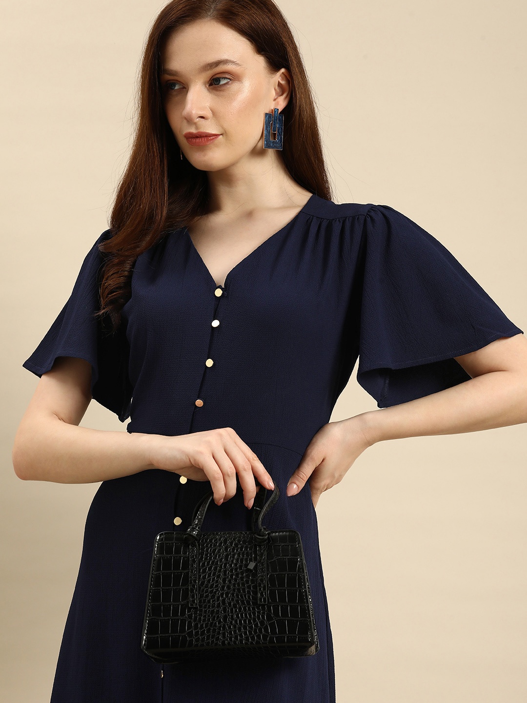 

all about you Navy Blue Solid V Neck Flared Sleeves A-Line Midi Dress