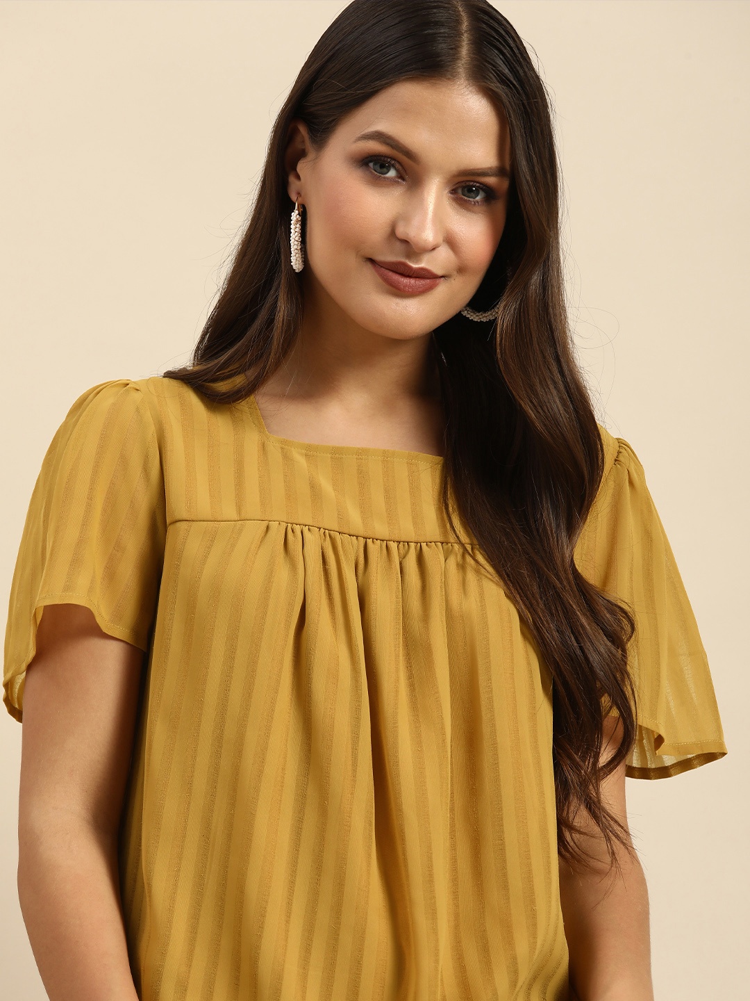 

all about you Mustard Yellow Striped And Pleated Flared Sleeves Casual Top