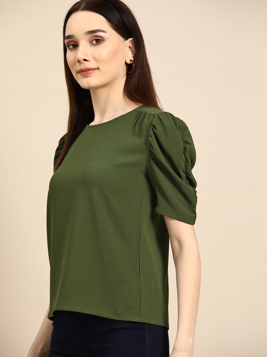 

all about you Olive Green Top with Ruching Detailed Sleeve