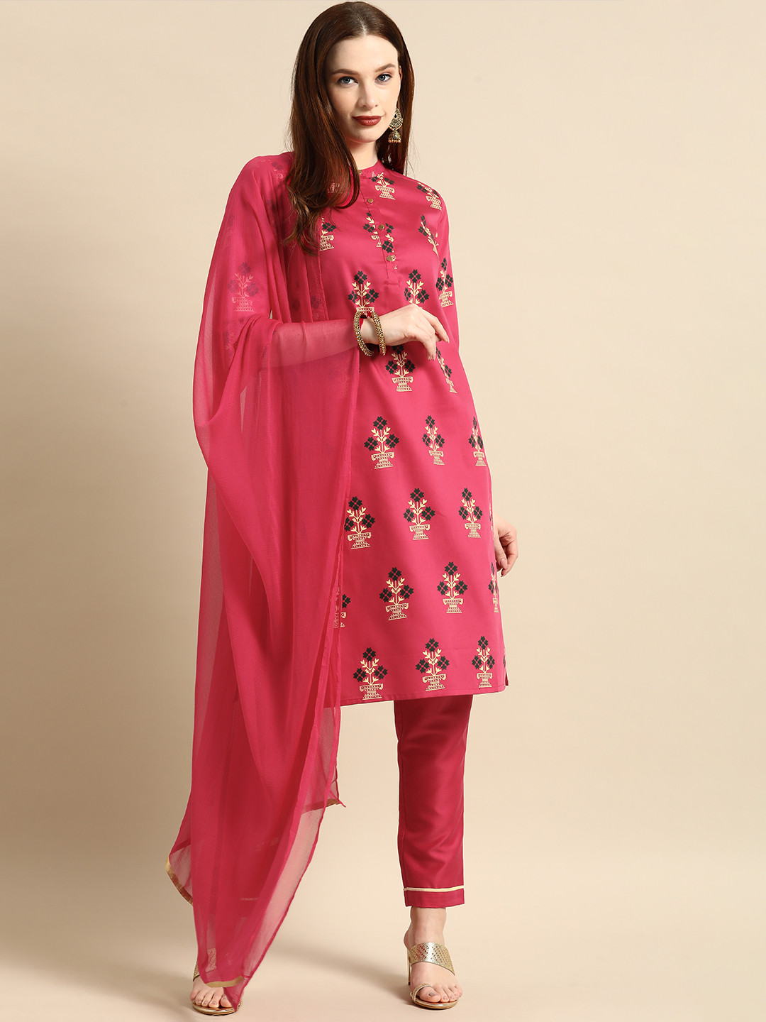 

all about you Women Pink Ethnic Motifs Printed Kurta with Trousers & With Dupatta