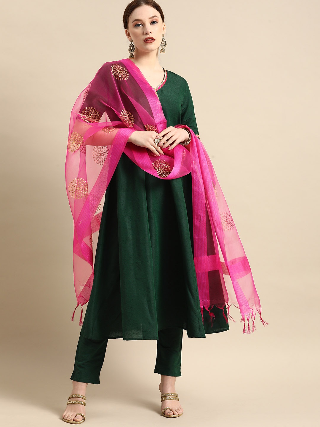 

all about you Women Green & Pink Gotta Patti Kurta with Trousers & With Dupatta