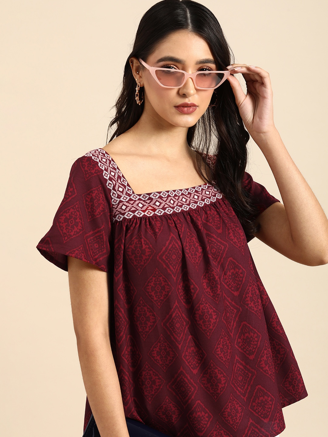 

all about you Women Red & White Embroidered Square Neck Top