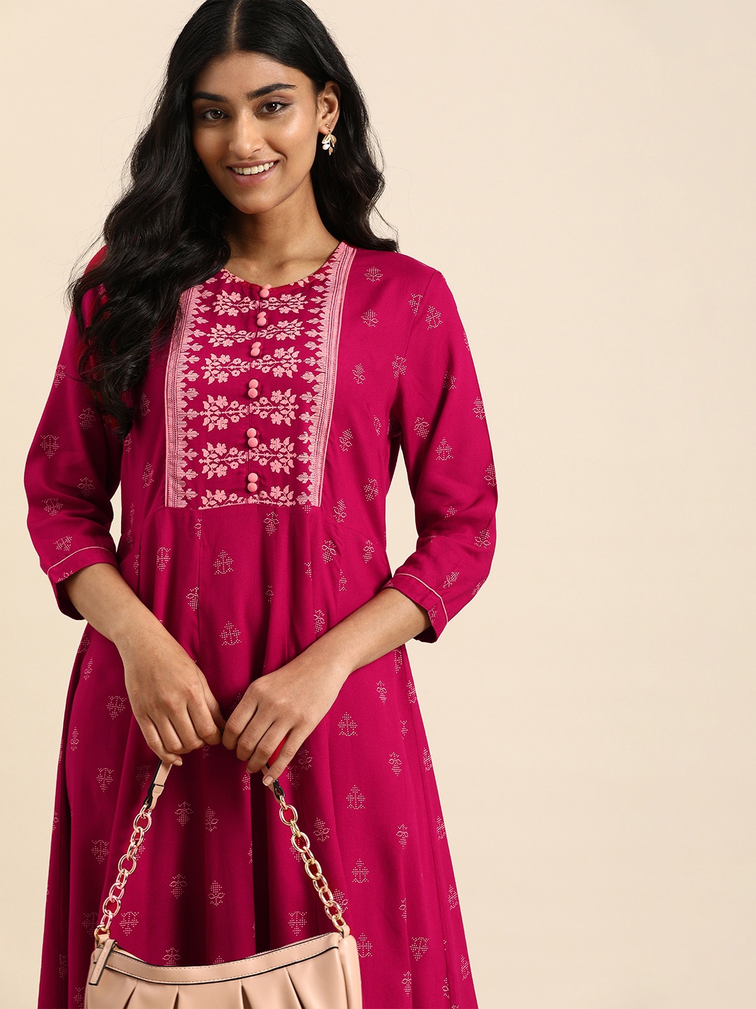 

all about you Magenta Pink Ethnic Motifs Print Round Neck Ruffles Viscose Rayon Maxi Dress