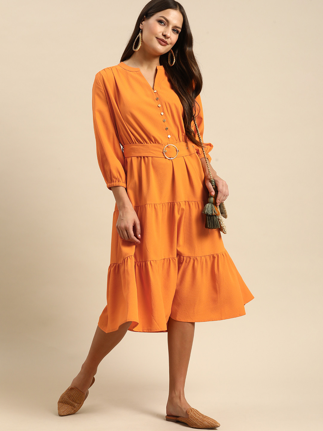 

all about you Orange Solid A-Line Tiered Midi Dress With A Belt