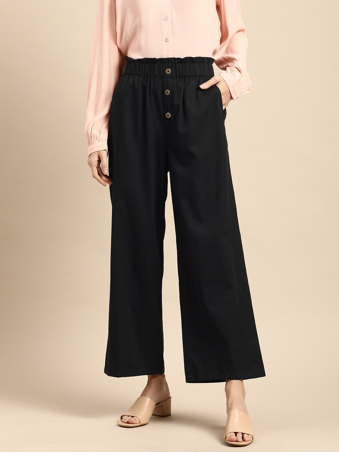 

all about you Women Black Solid Pure Cotton Pleated Culottes