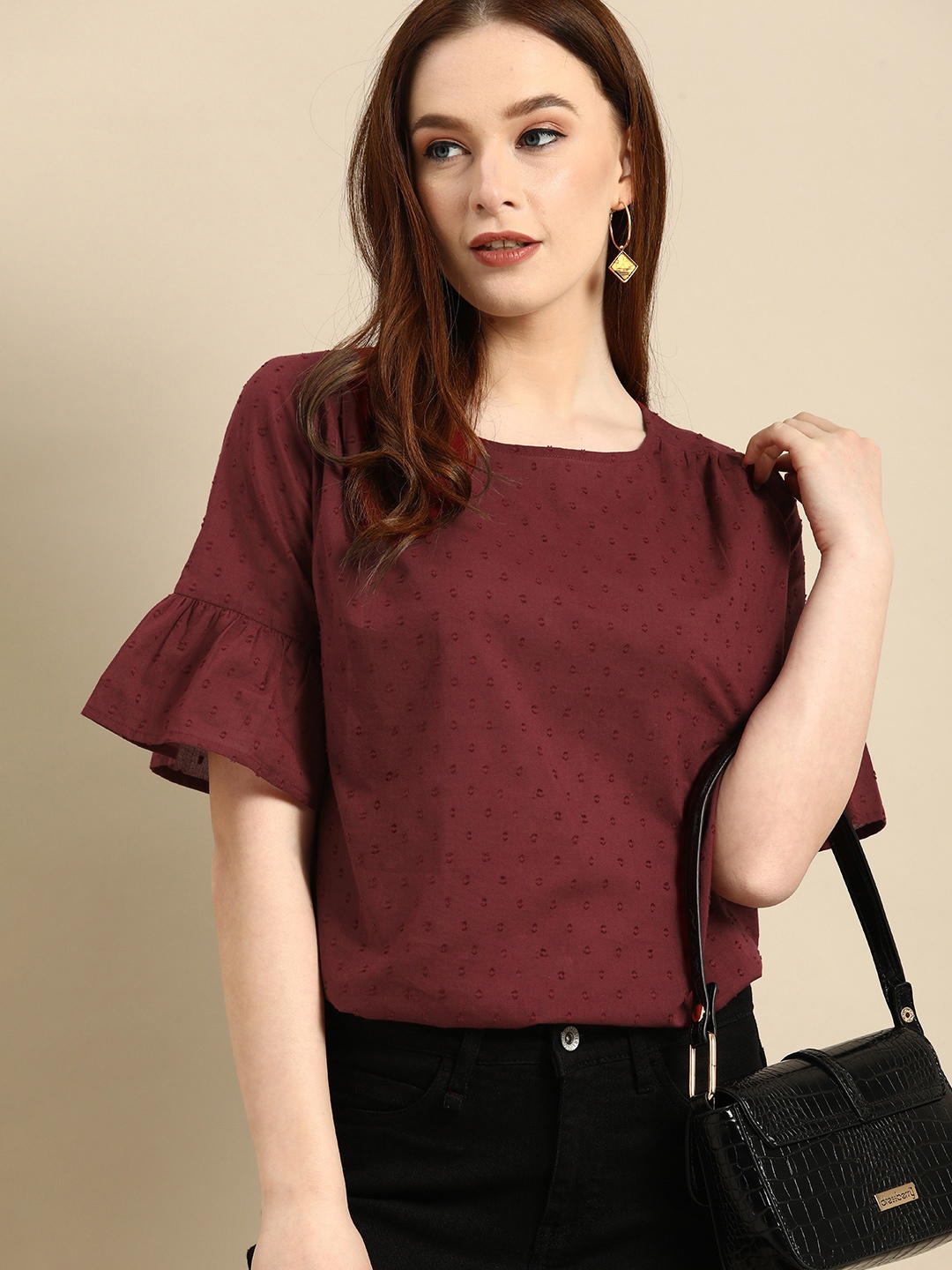 

all about you Maroon Embroidered Bell-Sleeve Regular Top