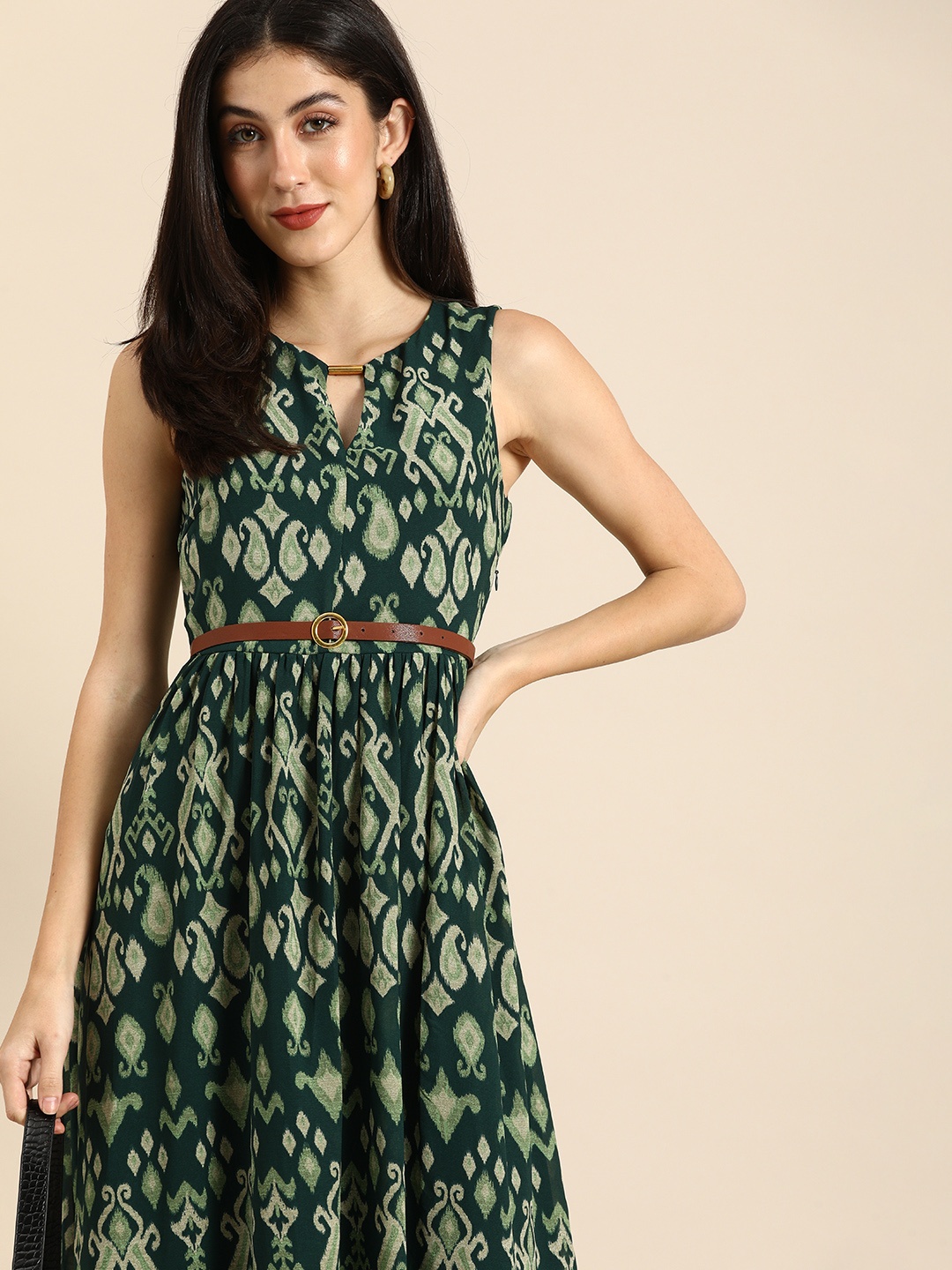 

all about you Women Green & Beige Ethnic Motifs Printed Maxi Dress With A Belt