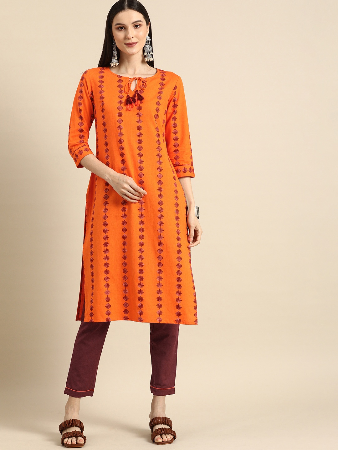 

all about you Women Orange Printed Kurta with Maroon Solid Trousers