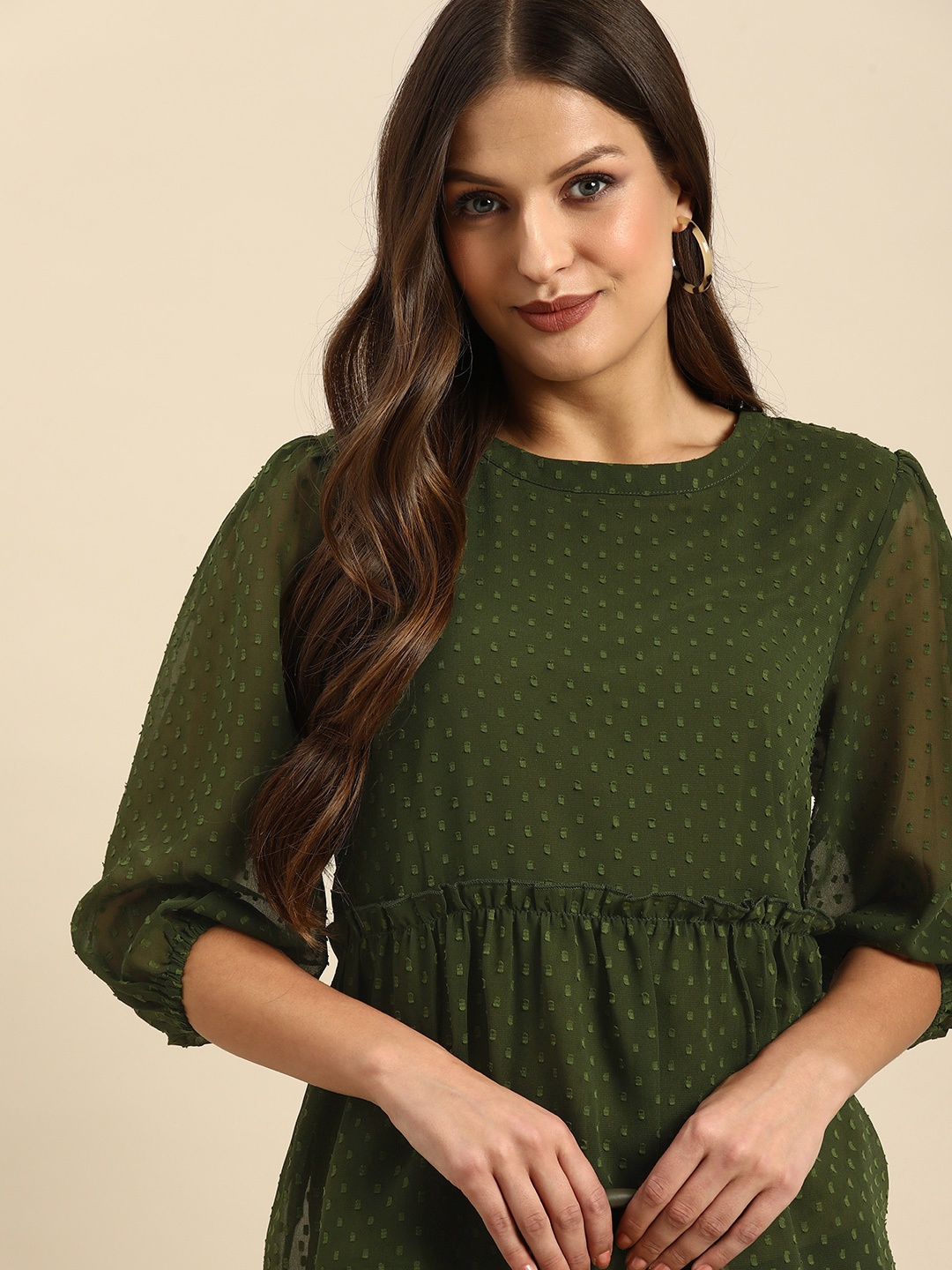 

all about you Green Printed Round Neck Peplum Top