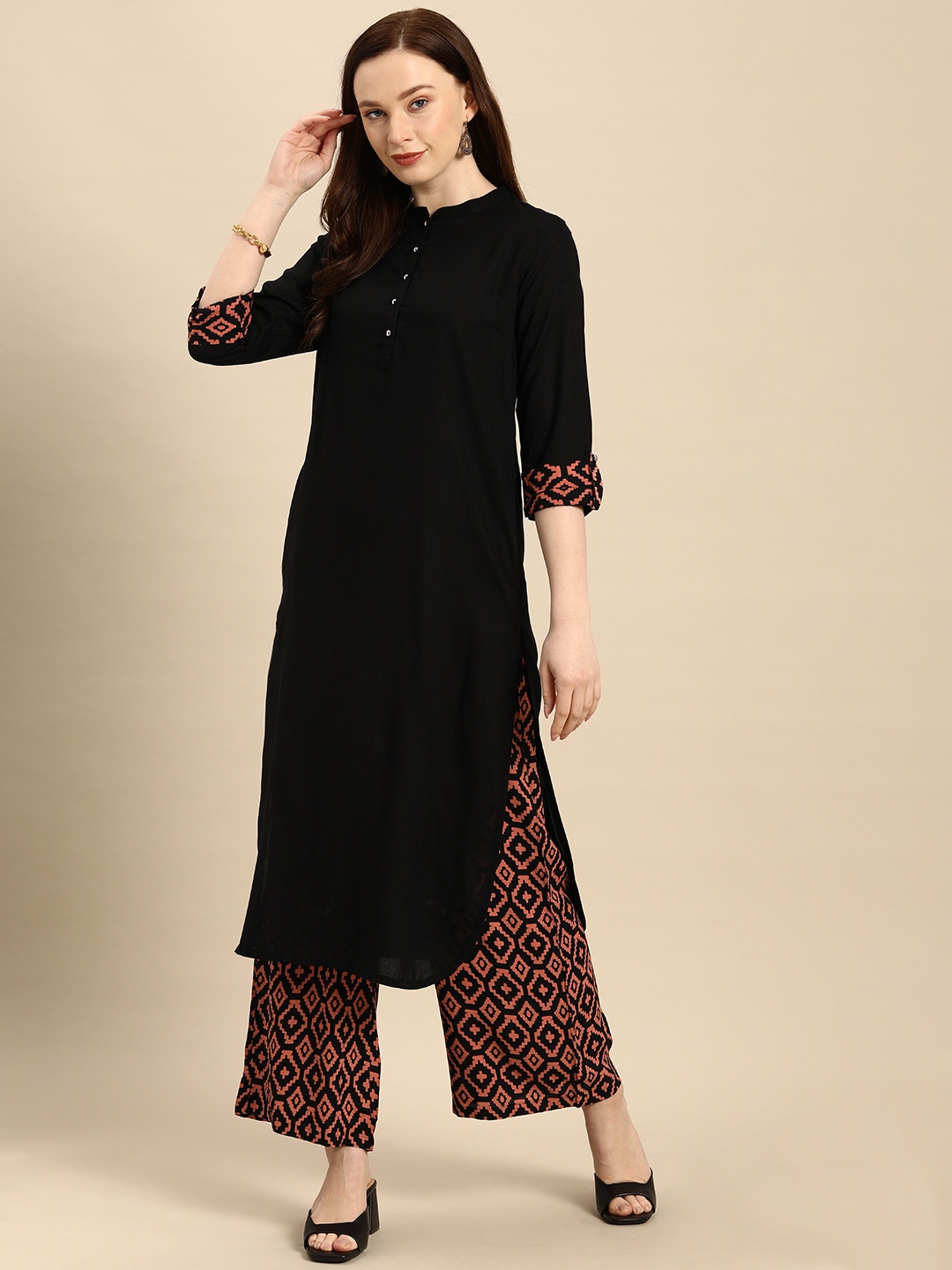 

all about you Women Black & Coral Kurta with Palazzos