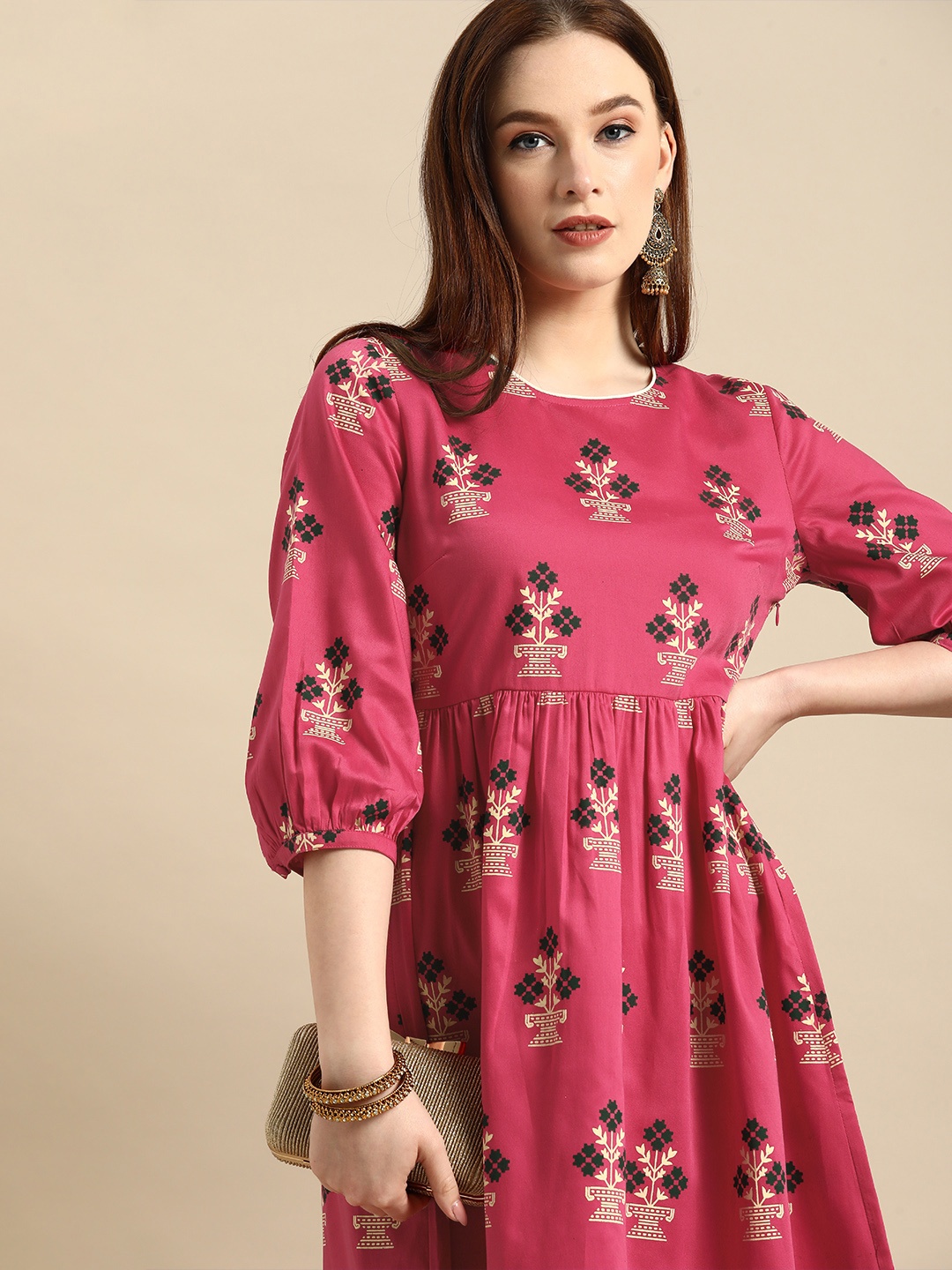 

all about you Pink & Green Floral Printed Puff Sleeves Gathered A-Line Midi Dress