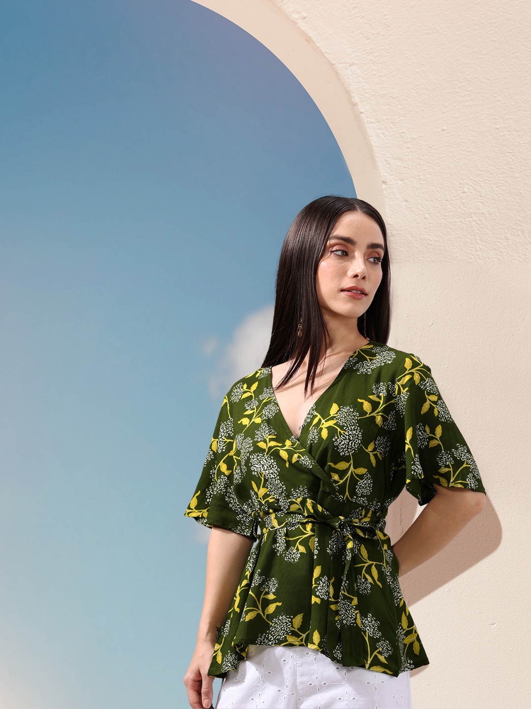

all about you Floral Print Wrap Top, Green