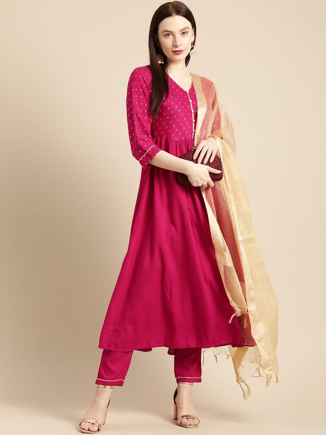 

all about you Women Fuchsia Ethnic Motifs Yoke Design Kurta with Trousers & Dupatta