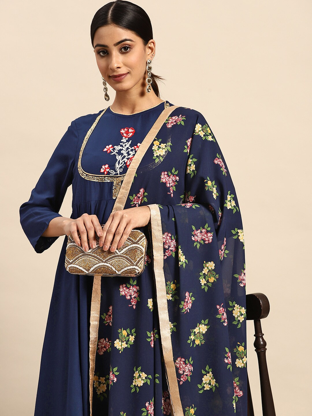 

all about you Embellished Embroidered Ethnic A-Line Midi Dress, Navy blue