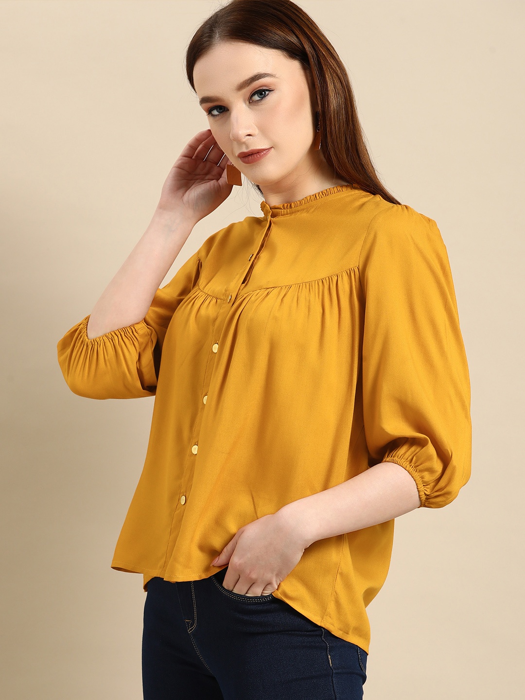 

all about you Mustard Yellow Solid Mandarin Collar Shirt Style Top