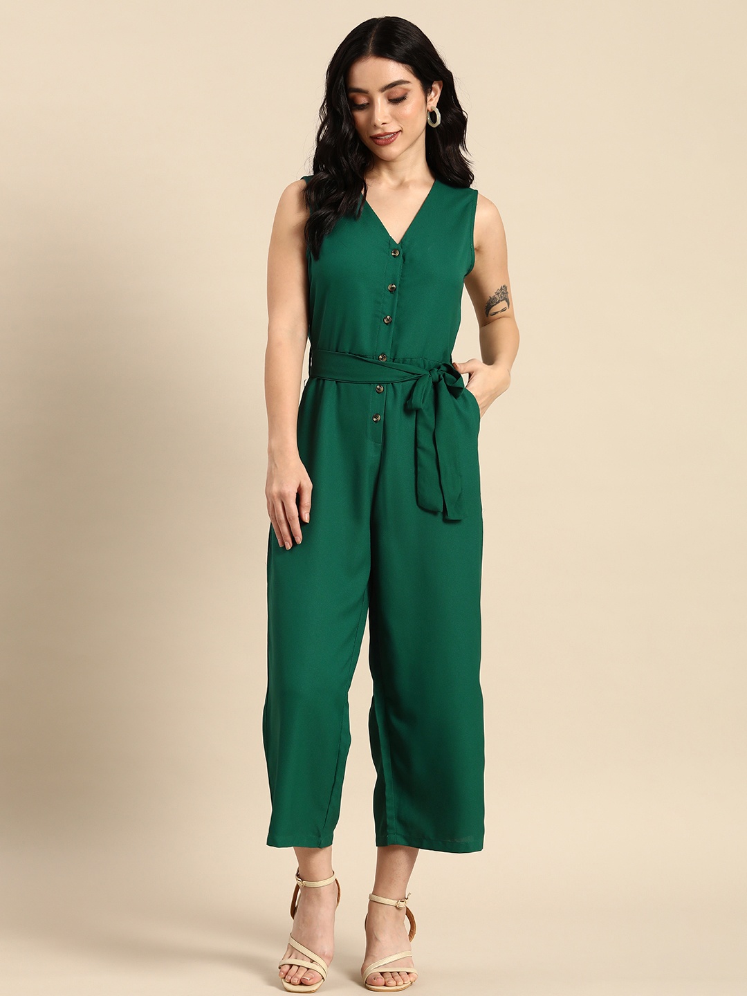 

all about you Green Solid Basic Jumpsuit with Waist Tie-Ups