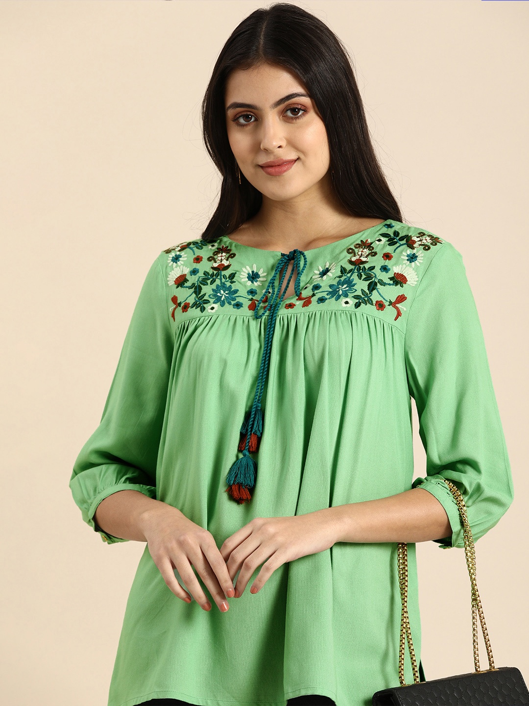 

all about you Women Green & Multicoloured Embroidered Tie-Up Neck Top