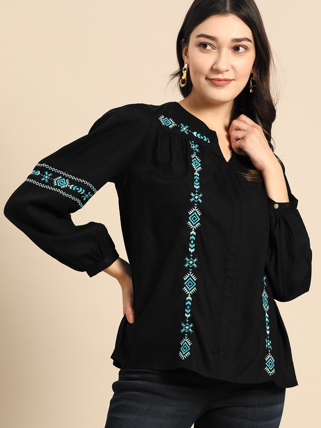 

all about you Geometric Embroidered Top, Black