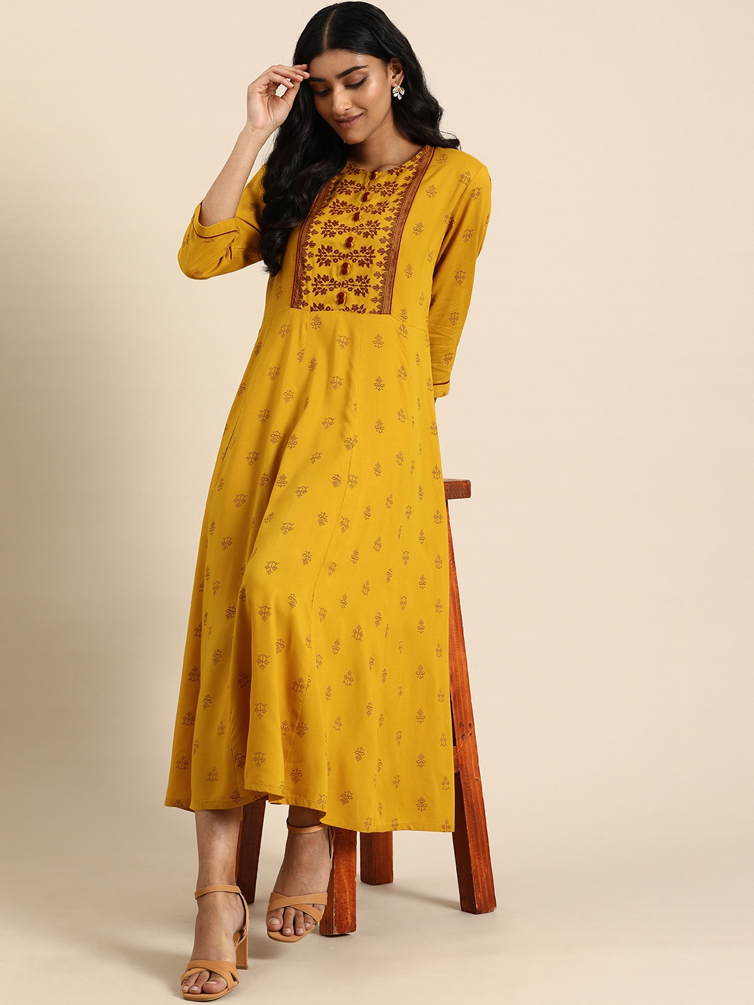

all about you Mustard Yellow & Maroon Ethnic Motifs Print Round Neck Ruffles Rayon Dress